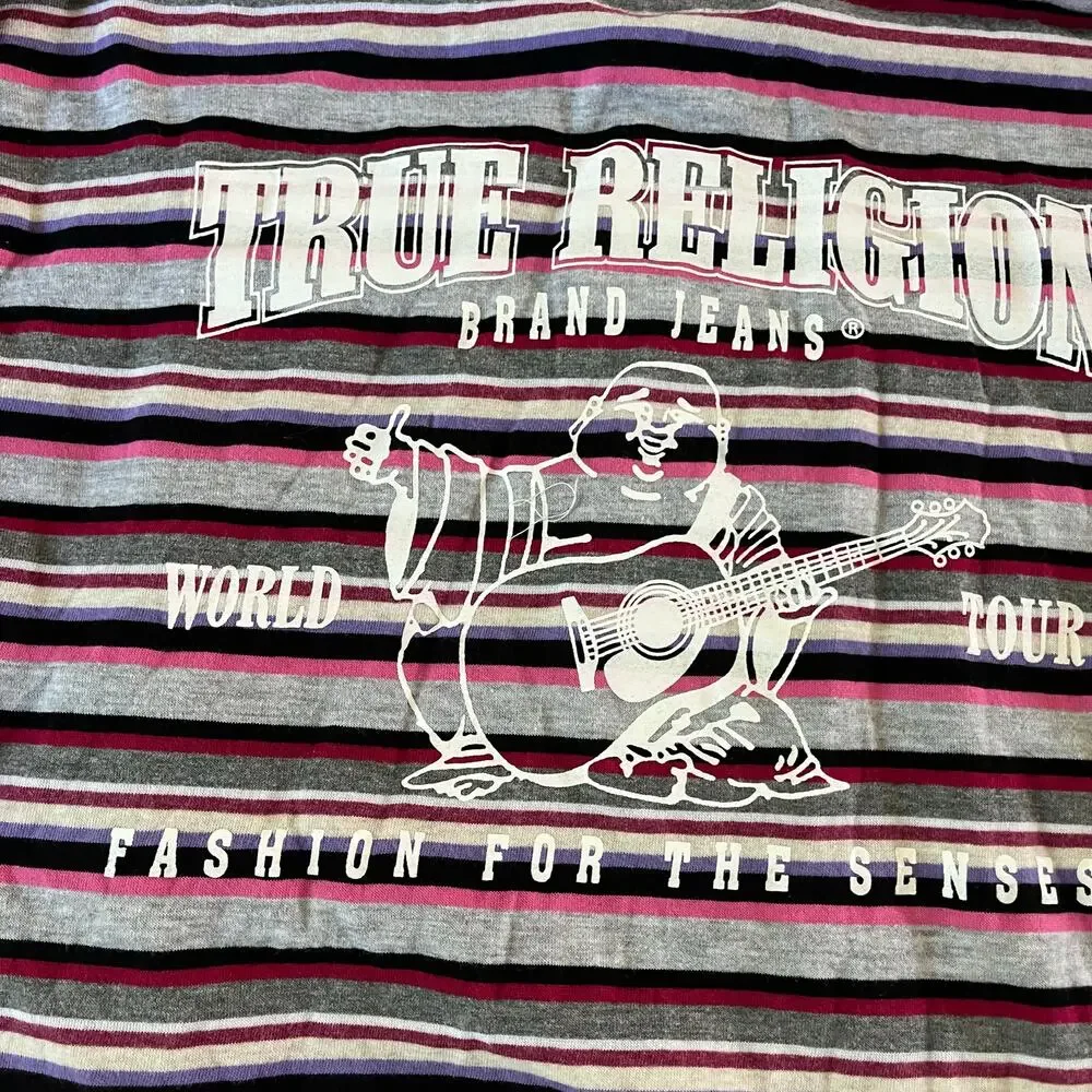 True Religion Buddha Logo Multi Color Stripe Hooded Shirt Sz L